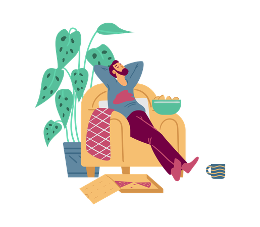 Lazy man napping in chair with fast food  Illustration