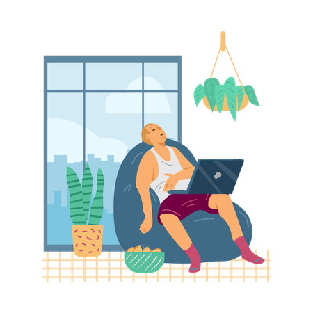 Lazy tire man with laptop computer sleep in armchair  Illustration