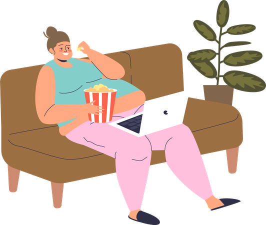 Lazy woman eating popcorn while watching movie  Illustration