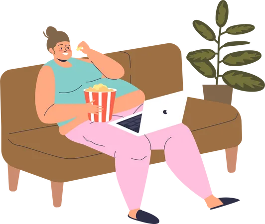 Lazy woman eating popcorn while watching movie  Illustration