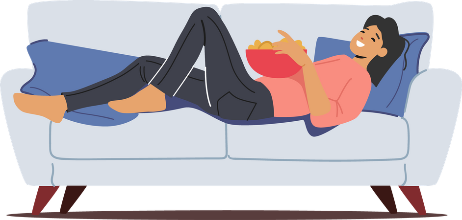 Lazy woman eating snacks while lying on couch  Illustration