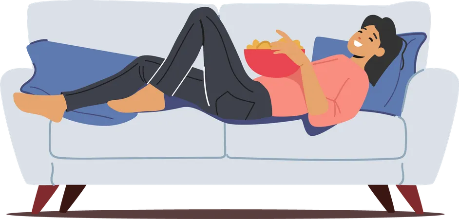 Lazy woman eating snacks while lying on couch  Illustration