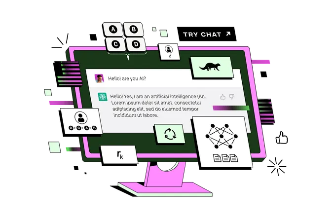Le Chatbot s'affiche sur l'ordinateur. Le réseau neuronal génère du texte  Illustration