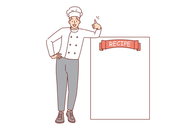 Le chef du restaurant se tient près d'une feuille de recette vierge et montre le pouce en l'air en signe d'approbation du menu  Illustration