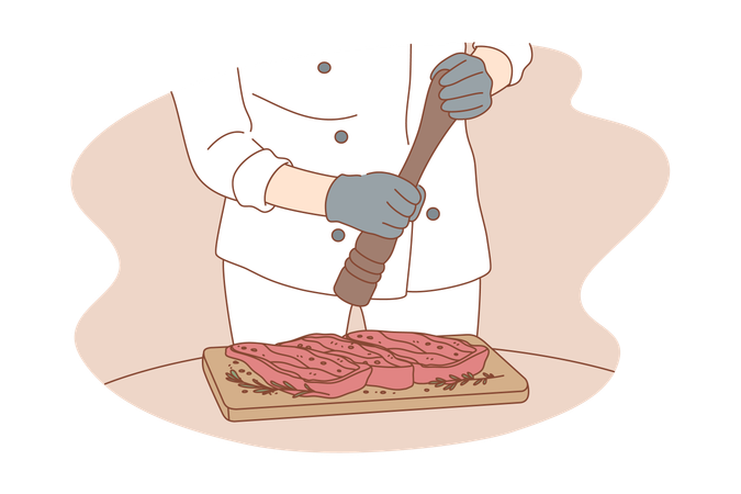Le chef saupoudre des épices sur la nourriture  Illustration