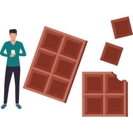 Le chocolat, c'est manger une barre de chocolat et surfer sur son téléphone  Illustration
