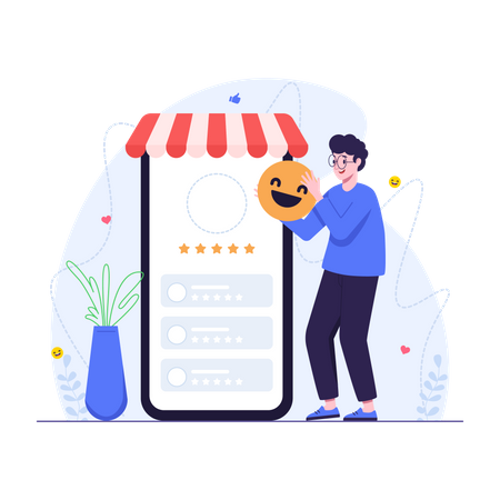 Le client fournit un emoji heureux et une note de cinq étoiles  Illustration
