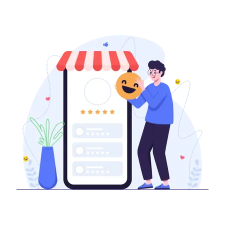 Le client fournit un emoji heureux et une note de cinq étoiles  Illustration
