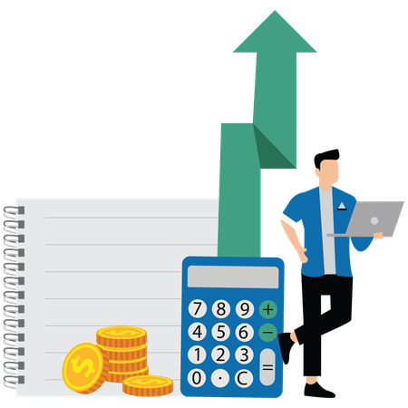 Le comptable utilise une calculatrice et une feuille de calcul pour produire un rapport d'analyse financière  Illustration