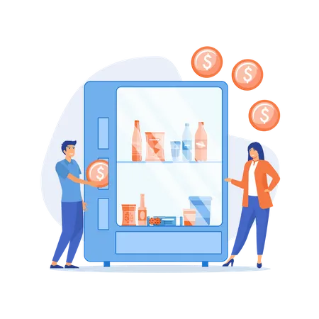 Le consommateur insère une pièce d'un dollar dans un distributeur automatique et achète des collations et des boissons  Illustration