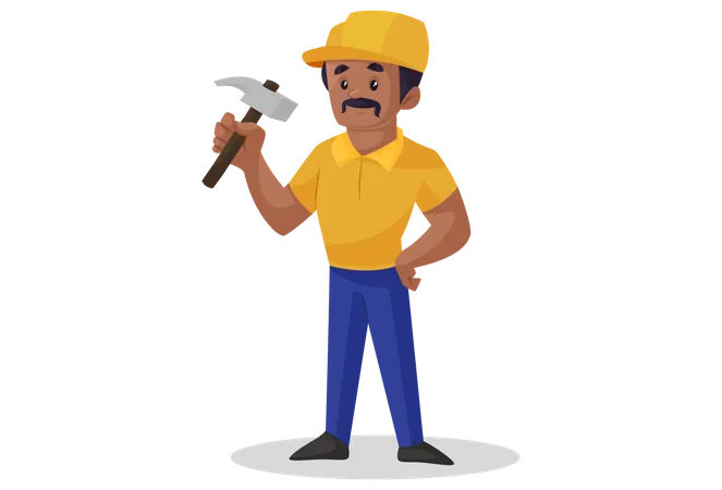 Le constructeur tient un marteau à la main  Illustration