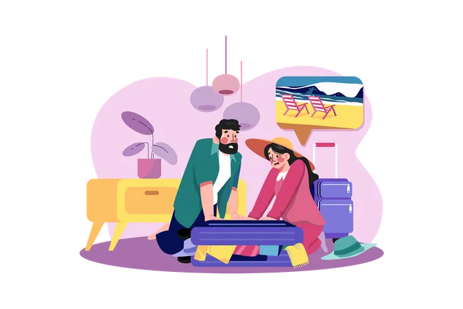 Le couple a du mal à faire ses bagages pour le voyage  Illustration