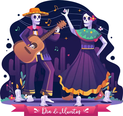 Le couple célébrant la fête d’Halloween mexicaine  Illustration