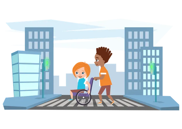 Le garçon aide la fille en fauteuil roulant à traverser la route.  Illustration