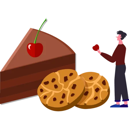 Le garçon aime les gâteaux au chocolat et les biscuits  Illustration