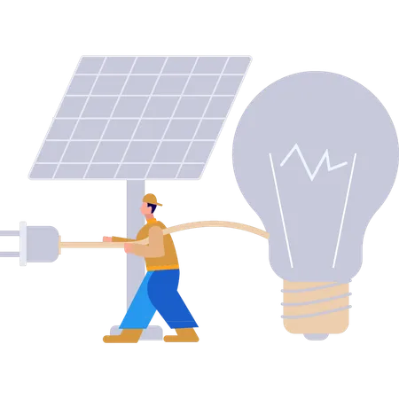 Le garçon connecte l'ampoule au panneau solaire  Illustration