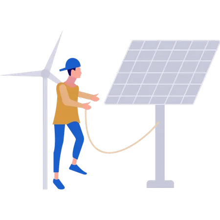 Un garçon connecte un panneau solaire à un moulin à vent  Illustration