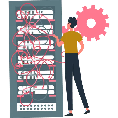 Boy connecte un serveur de base de données avec différents câbles  Illustration