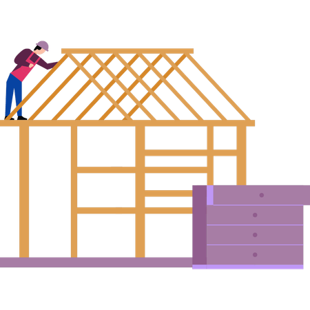 Le garçon construit une maison en bois  Illustration