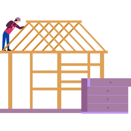 Le garçon construit une maison en bois  Illustration