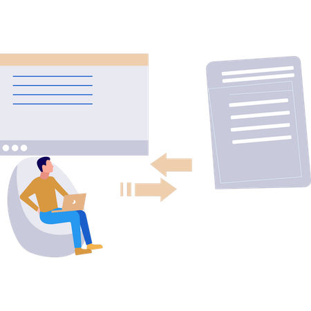 Le garçon convertit des fichiers de données sur un ordinateur portable  Illustration