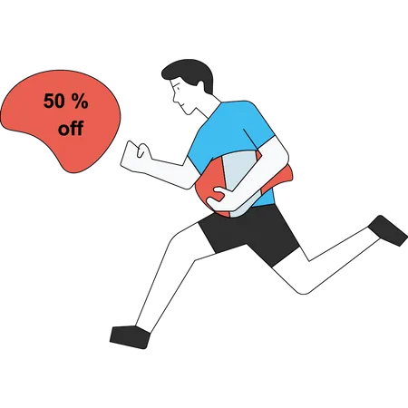 Le garçon court faire du shopping avec une réduction de 50 %  Illustration