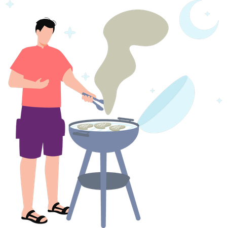 Le garçon fait cuire du bœuf sur le grill  Illustration