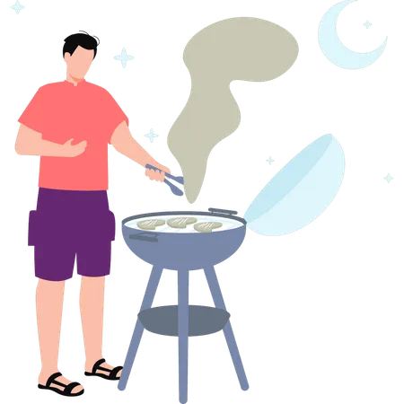 Le garçon fait cuire du bœuf sur le grill  Illustration