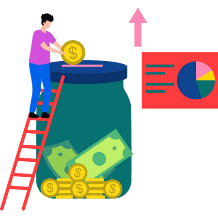 Le garçon économise de l'argent dans un pot  Illustration