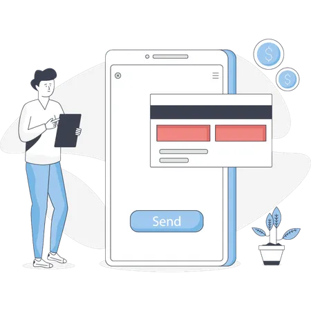 Le garçon effectue un paiement en ligne  Illustration