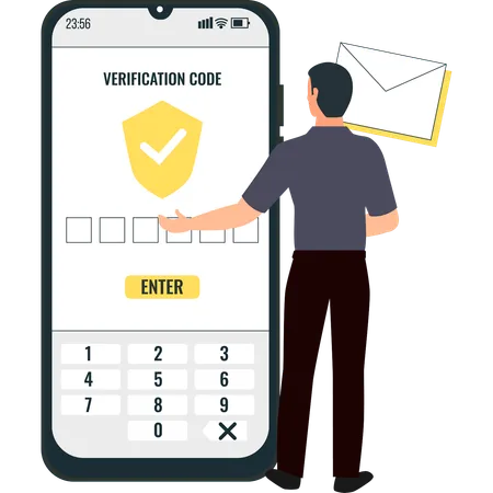 Le garçon entre le code de vérification sur le téléphone mobile  Illustration