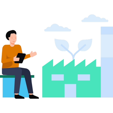 Le garçon est assis à l’extérieur de l’usine  Illustration