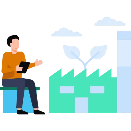 Le garçon est assis à l’extérieur de l’usine  Illustration