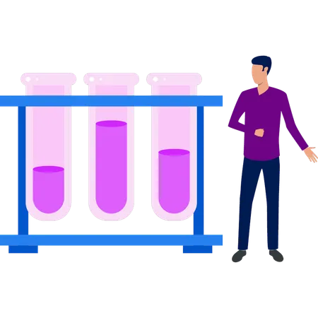 Le garçon se tient à côté d’un support de tubes à essai  Illustration