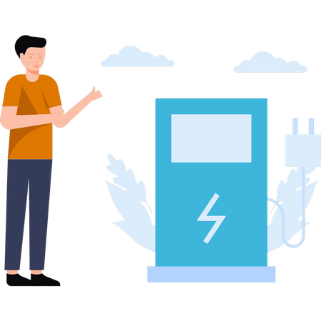 Le garçon se tient à côté d’une station-service écologique  Illustration