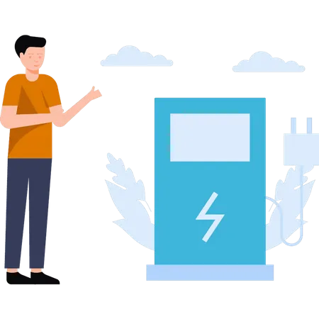 Le garçon se tient à côté d’une station-service écologique  Illustration