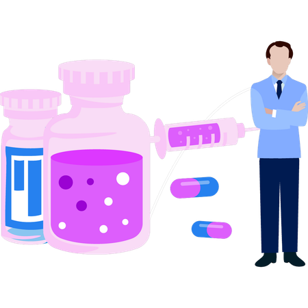 Le garçon se tient à côté des bouteilles de produits chimiques  Illustration