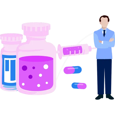 Le garçon se tient à côté des bouteilles de produits chimiques  Illustration