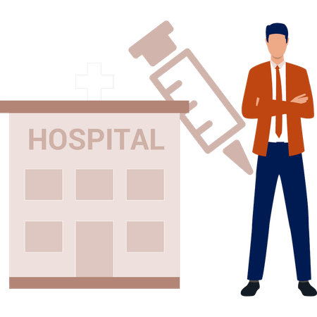 Le garçon se tient à côté du bâtiment de l'hôpital  Illustration