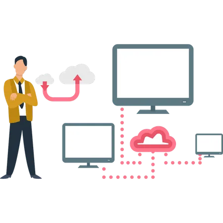 Le garçon se tient à côté du moniteur  Illustration