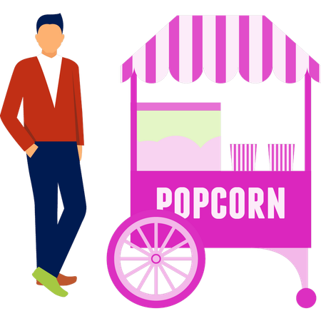 Le garçon est debout avec un stand de pop-corn  Illustration