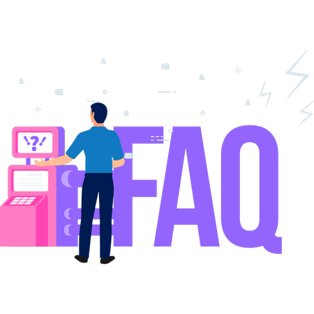 Le garçon se tient devant la machine FAQ  Illustration