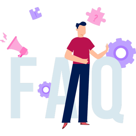 Le garçon se tient près de la FAQ  Illustration