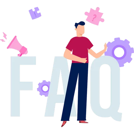 Le garçon se tient près de la FAQ  Illustration