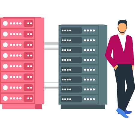 Le garçon se tient près de la connexion au serveur  Illustration