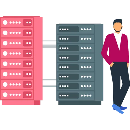 Le garçon se tient près de la connexion au serveur  Illustration