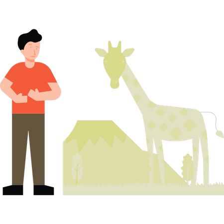 Le garçon se tient près de la girafe  Illustration