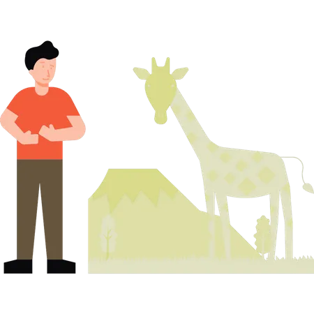 Le garçon se tient près de la girafe  Illustration