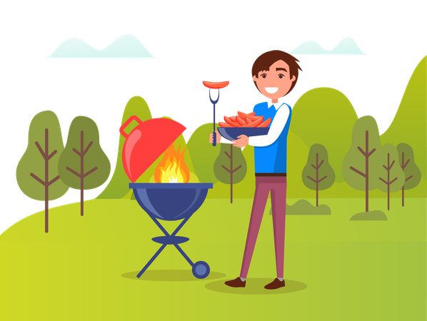 Le garçon fait griller de la viande  Illustration