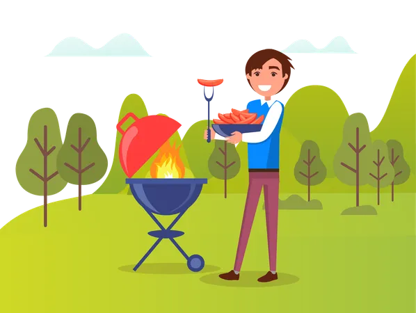 Le garçon fait griller de la viande  Illustration